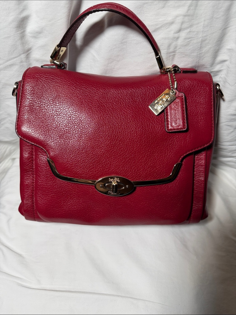 Coach Red Pebbled Leather Top-Handle Satchel with Gold Hardware